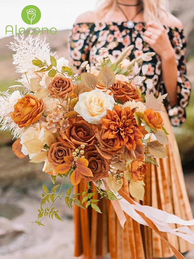 Alecono Orange Artificial Flowers, Silk Fake Fall Floral Set | - Image 4