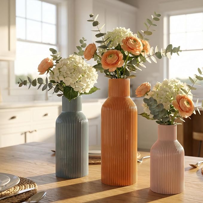 Colorful Ceramic Vases Set of 3, Smooth Round Vertical Ribbed, Minimalist - Image 4