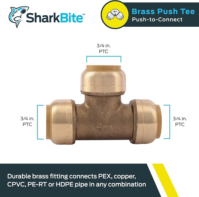 SharkBite 3/4 Inch Tee, Push to Connect Brass Plumbing Fitting, PEX Pipe - Image 2
