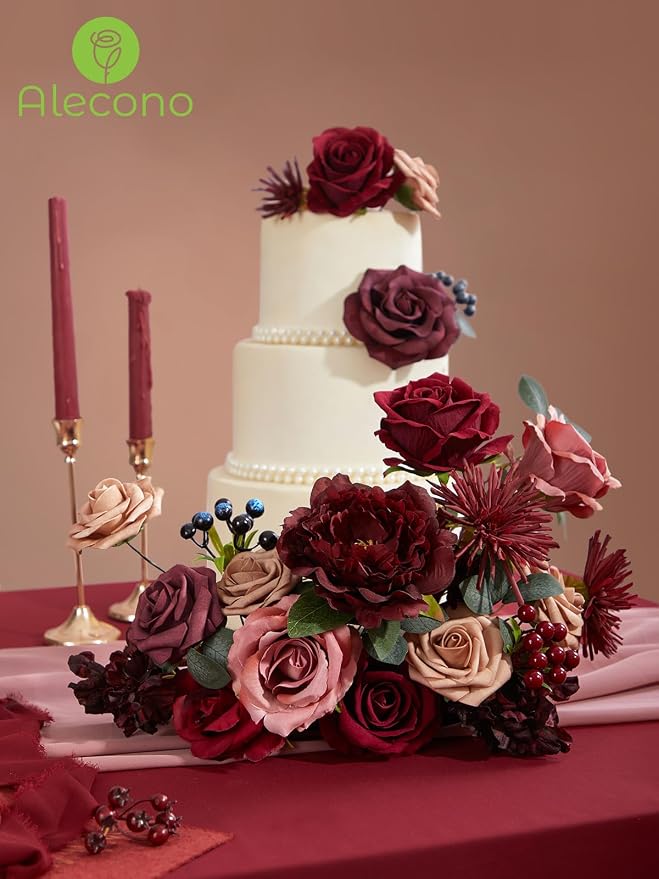 Alecono Burgundy Artificial Flowers, Silk Fake Roses Floral Set | - Image 4