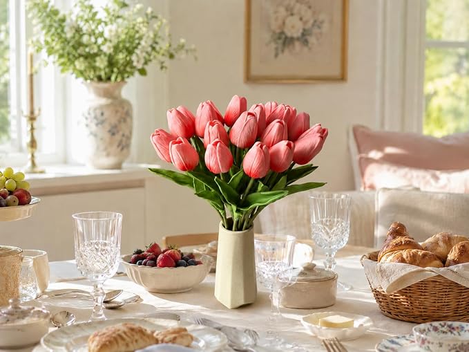 Mandy's 20pcs Artificial Coral Pink Tulips | 13.5 Inch Lifelike PU Tulips Faux - Image 7