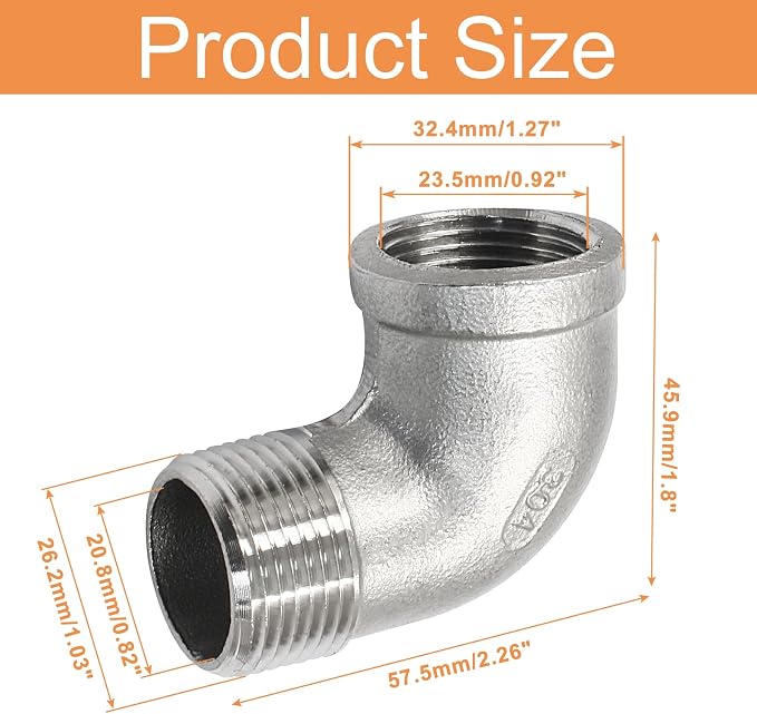 2Pcs 304 Stainless Steel 90 Degree Elbow Fittings, 3/4" NPT | Female x Male - Image 2