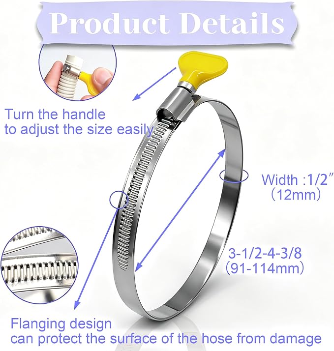 Dianrui 3 PCS Dryer Hose Clamp 4 Inch Hose Clamp Stainless Steel Thumb Screw - Image 2