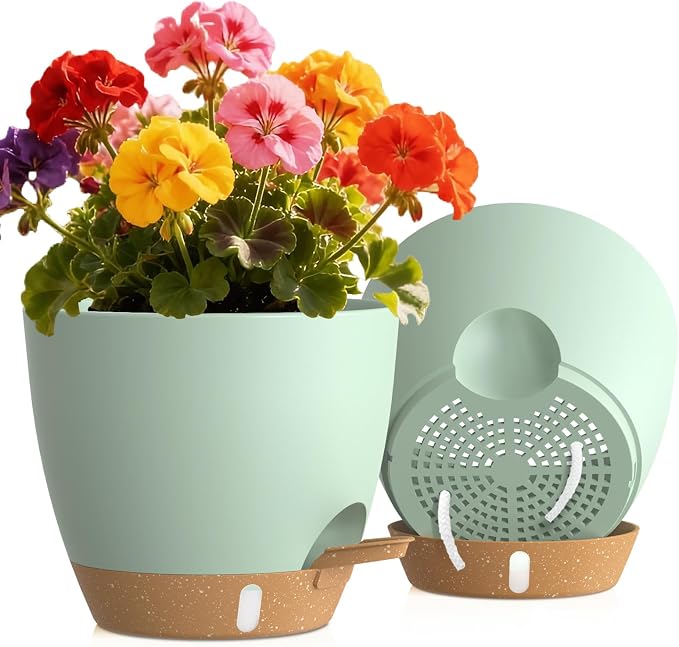 Self Watering Pots with Drainage Holes, 2 Pack 8 Inch Plant Pots with Water by KUGAZ