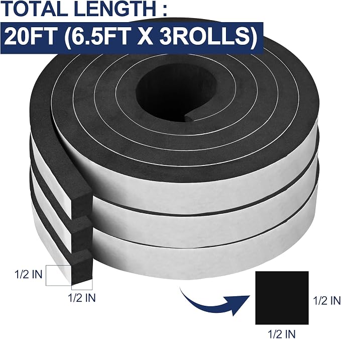 20Ft Foam Tapes Self Adhesive Foam Seal Strips 1/2In x 1/2In x 6.5Ft Each Roll - Image 2