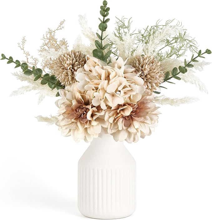 Mkono Fake Flowers in Ceramic Vase, Small Silk Faux Artificial Flower by Mkono