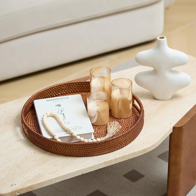 16.9 inch Round Rattan Tray, Woven Large Serving Tray - Image 2