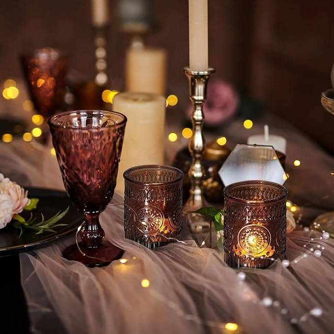 DEVI 24pcs Vintage Amber Votive Candle Holders, Amber Glass Tea Lights Candle - Image 5