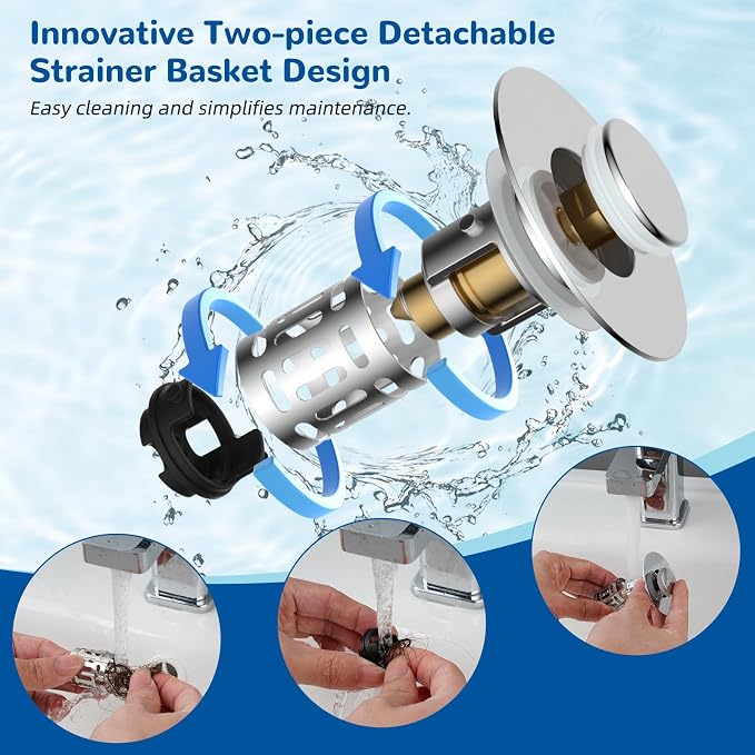 Hibbent 4 PCS Upgraded 3 in 1 Bathroom Sink Drain Strainer, Pop Up Stopper - Image 4