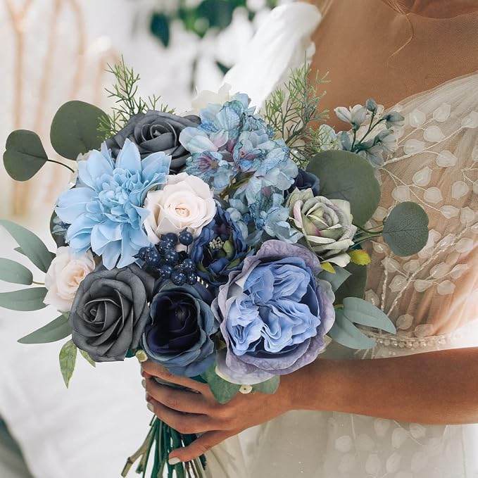 Artificial Flowers Combo Dusty Blue Flowers Mix Silk Flowers Dahlia Roses - Image 6