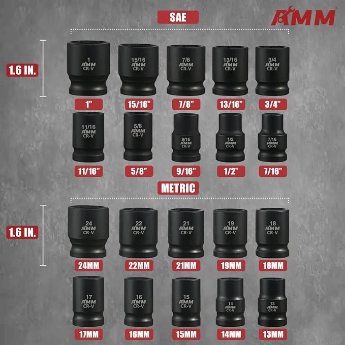AMM 1/2" Drive Master Impact Socket Set, 24-Piece Shallow Standard SAE & Metric - Image 3