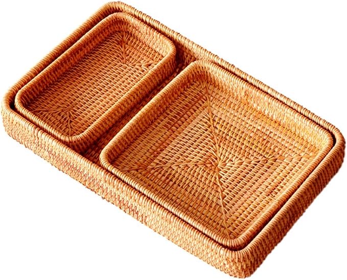 i-lan Rattan Serving Tray Set of 3, Rectangular Wicker Trays, Natural Brown | - Image 3