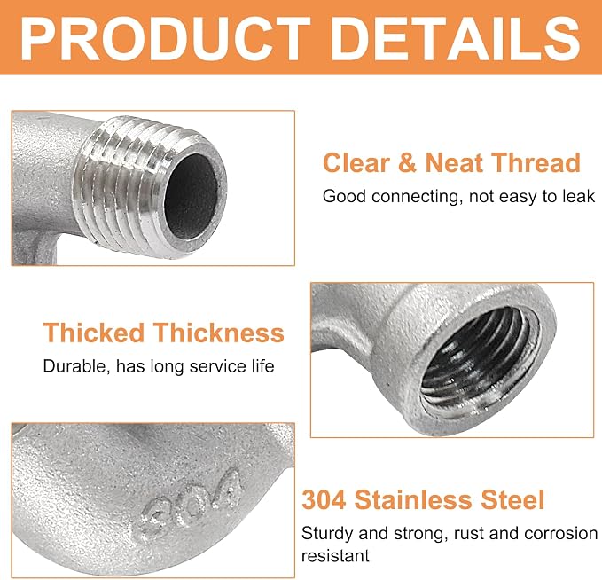 2Pcs 304 Stainless Steel 90 Degree Elbow Fittings, 1/4" NPT | Female x Male - Image 3