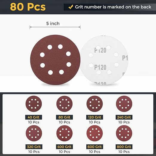 HARFINGTON 80Pcs 5Inch Sanding Disc 8 Hole Hook and Loop Sandpaper Red | - Image 2