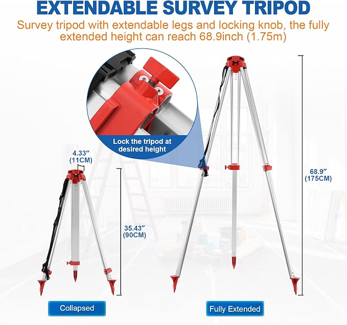 360° Self-Leveling Green Beam Rotary Laser Level Kit w/Tripod+Grade Rod | Remote - Image 7