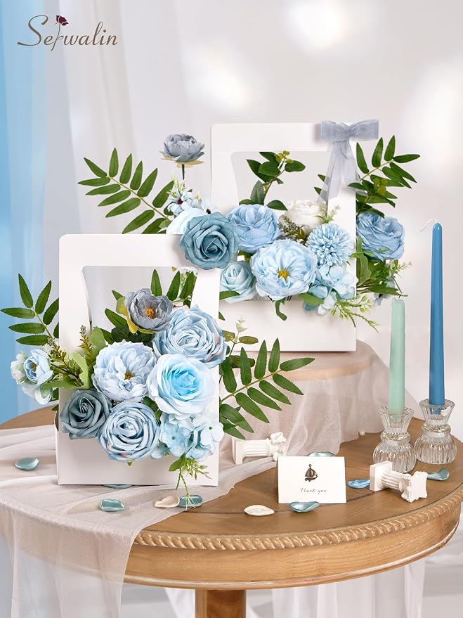 Serwalin Artificial Flowers, Light Blue Silk Fake Flowers - Image 2