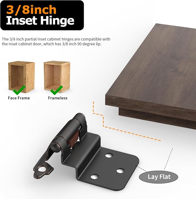 3/8 Inch Inset Cabinet Hinges, 5 Pairs Self Closing Flush Face Mount Hinges - Image 3