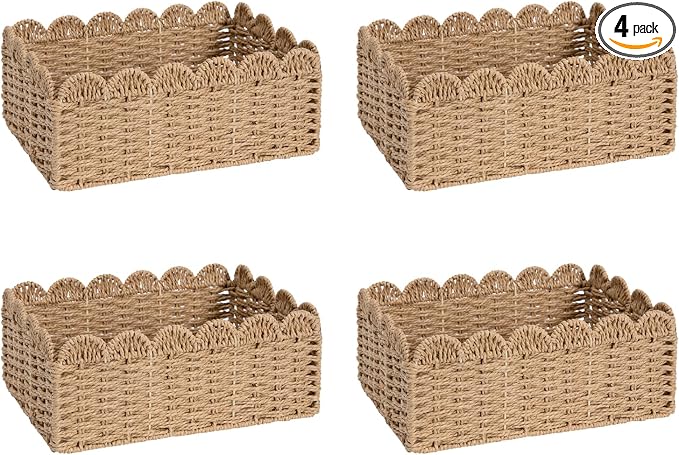 4 Pack Foldable Scalloped Basket, Handwoven Wicker Storage Baskets by Unknown