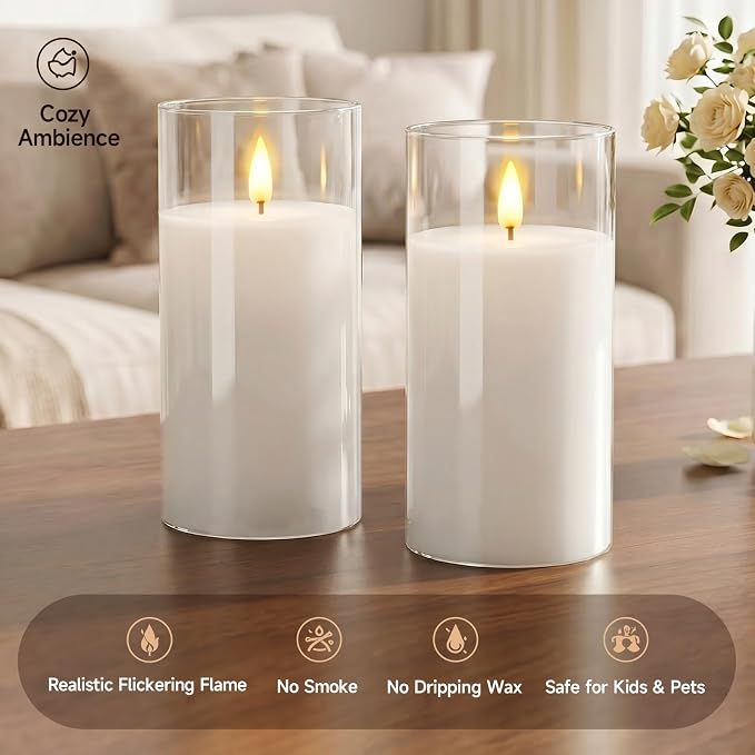 Homemory Pure White Glass Flameless Candles, Real Wax, Remote Timer, 2 Pack | - Image 3