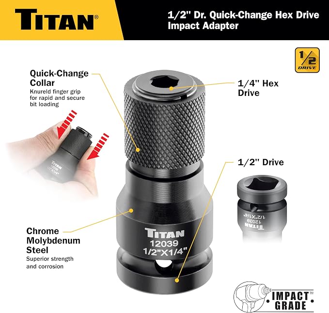 Titan 12039 1/2" Drive to 1/4" Hex Drive Quick Change Adapter - Image 3