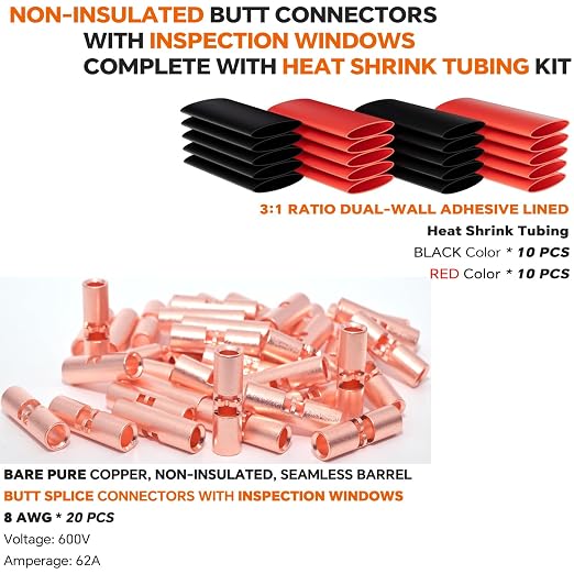 8 AWG Wire Splice Kit – 20 PCS 8 Gauge Bare Copper Non-Insulated Butt Connectors - Image 2