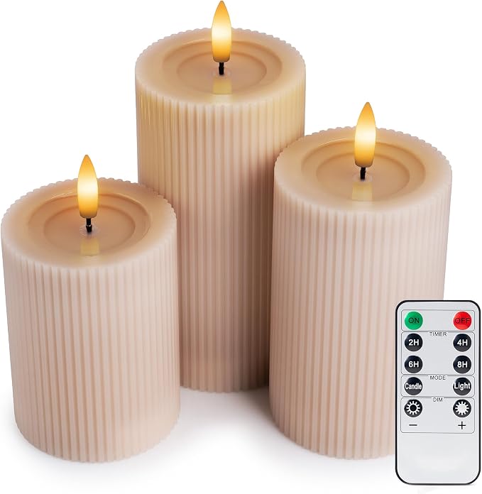Fluted Ribbed LED Pillar Candles, Blush Beige, - Image 2