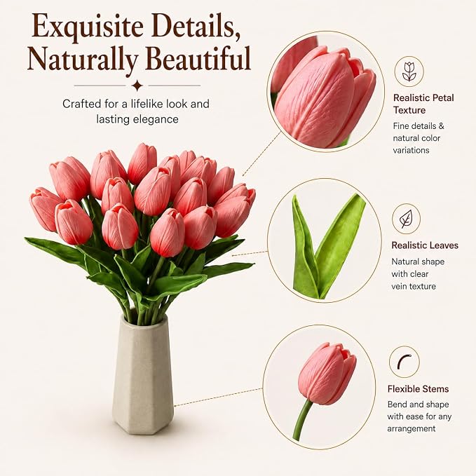 Mandy's 20pcs Artificial Coral Pink Tulips | 13.5 Inch Lifelike PU Tulips Faux - Image 4
