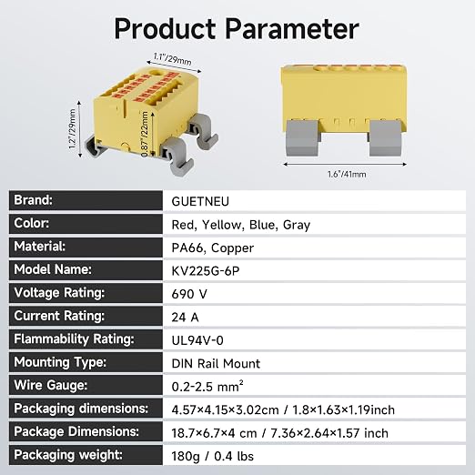 4Pcs KV225G DIN Rail Terminal Blocks, 6-Pole 1 in 12 Out Push-in | 6-Pole 1 in - Image 7