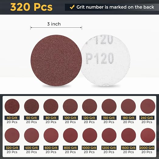 HARFINGTON 320Pcs 3Inch Sanding Disc Hook & Loop Sandpaper Aluminum Oxide | - Image 2