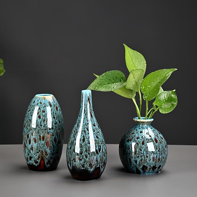 Ceramic Bud Vase Set, Fambe Blue Glazed Finish, Decorative Flower Vases - Image 8