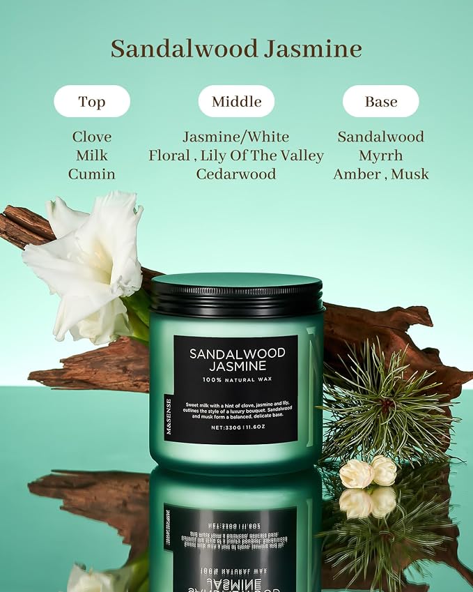 M&SENSE Sandalwood Jasmine Home Scented Candles, 11.6oz Organic Soy Wax | 70 - Image 2
