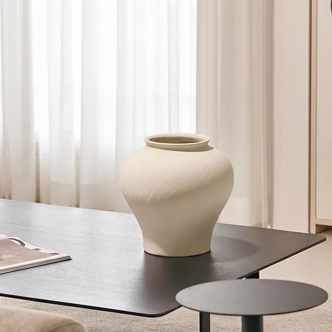 LB2 White Ceramic Rustic Vase, 9.7" Tall Zen Style Terra Cotta Pitcher - Image 3