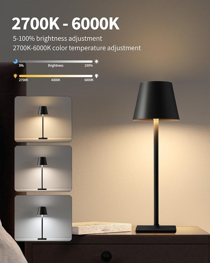 KDG Cordless Black Table Lamp, Portable Desk Lamp, 5000mAh Battery Operated | - Image 6