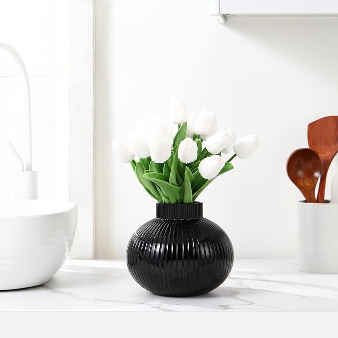 Black Glass Vase, Flower Vases for Bouquet, Ribbed Glass Vases for Flowers - Image 4