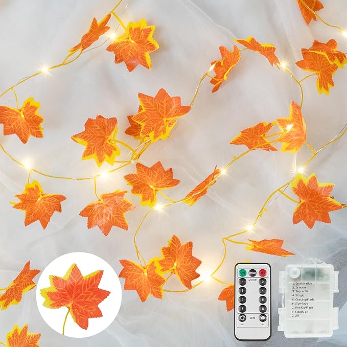 33FT 100 LED Maple Leaf String Lights Battery Operated Copper Wire | Vine - Image 7