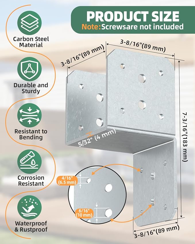 Heavy Duty Angle Brackets for 4x4，4x6 Post, Galvanized 8-Pack | 4MM Thick - Image 2