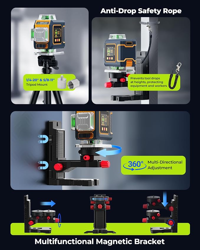 16 Lines Green Laser Level 4×360° Self Leveling, Side LCD, Pulse Mode - Image 7