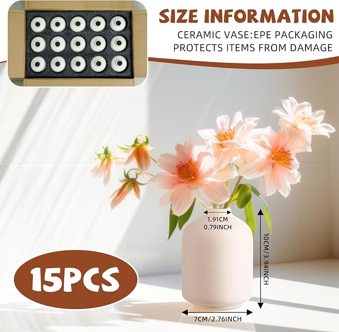 Tioncy 15 Pack White Ceramic Bud Vases Bulk Boho Small Flower Vase White - Image 2