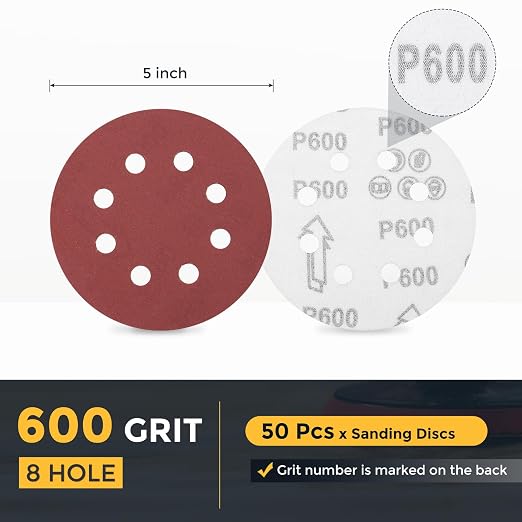 HARFINGTON 50 Pcs 5 Inch Sanding Discs 600 Grit Red Aluminum Oxide 8 Hole | - Image 2