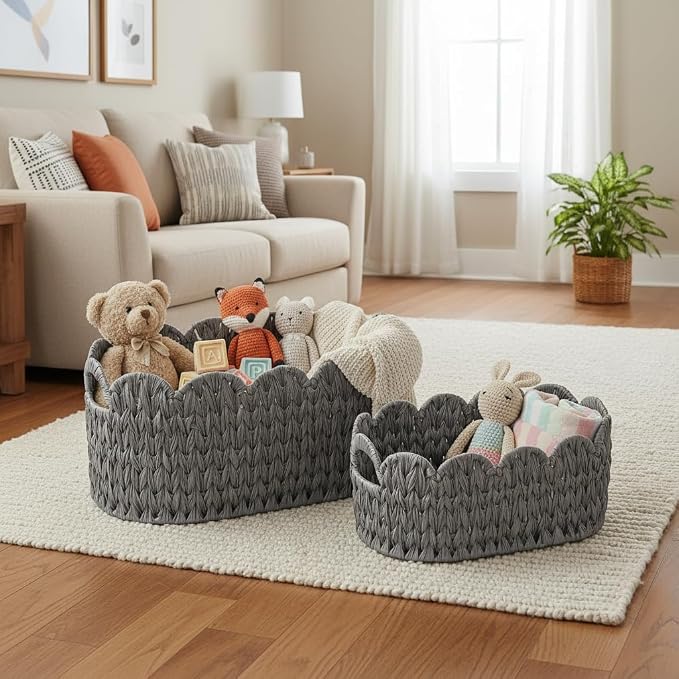 Coeusy Wicker Scalloped Basket Set of 2, Woven Storage Baskets - Image 4