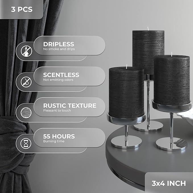 3x4 inch Pillar Candles Set of 3 – Unscented Dripless Rustic Black Candles - Image 3