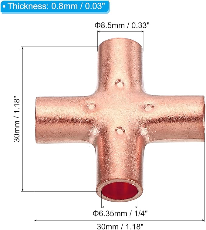 PATIKIL 1/4 Inch ID Copper Union Cross Pipe Fitting, 4 Way Welding Copper End - Image 2