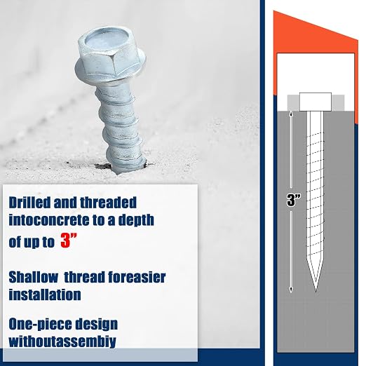 Tandefio 80 Pack 3/8" x 3" Concrete Screw Anchor Galvanized Large Diameter - Image 5