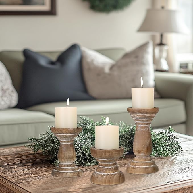 Candle Holder for Pillar Candle Set of 3, Farmhouse Wood Candle Holder - Image 6