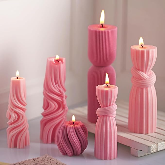 Threlaco 6 Pcs Pink Pillar Candles Decorative Modern Aesthetic Ribbed Candle - Image 5