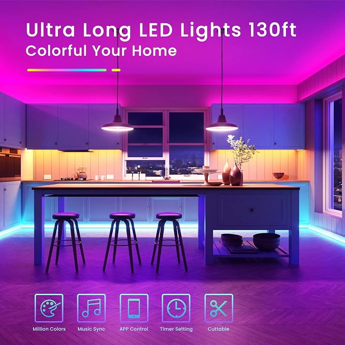 TJOY 130ft Bluetooth LED Strip Lights, RGB Color Changing, Music Sync, App - Image 2