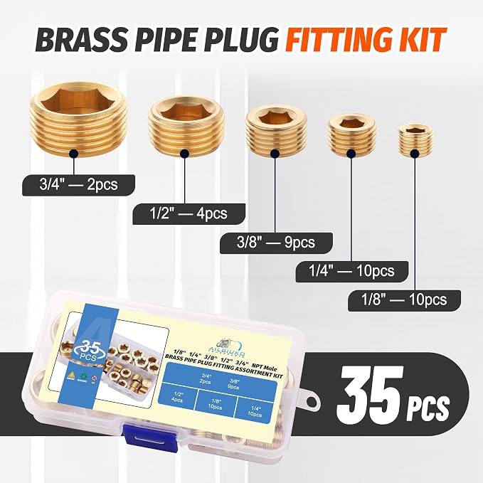 35Pcs Brass Pipe Fittings Socket Plug Kit, 1/8" 1/4" 3/8" 1/2" 3/4" | NPT Male - Image 2