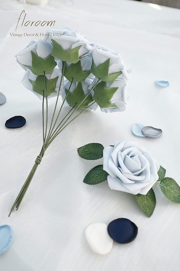 Artificial Flowers 50pcs Real Looking Powder Blue Foam Fake Roses - Image 5