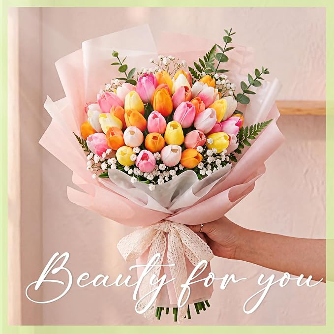 Janinka 120pcs Artificial Tulip Flowers Fake PU Tulips Faux Latex Bouquet - Image 7