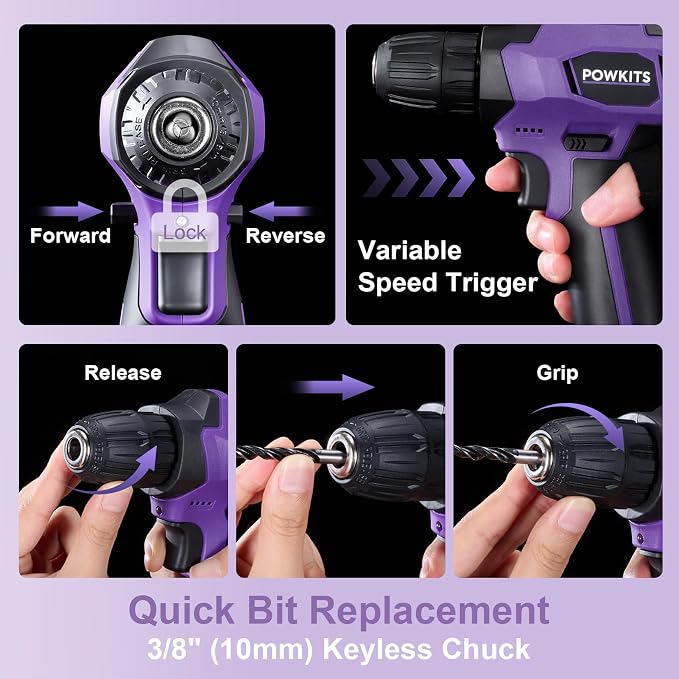 8V Purple Cordless Drill Set for Women, Starter Tool Kit - Image 4